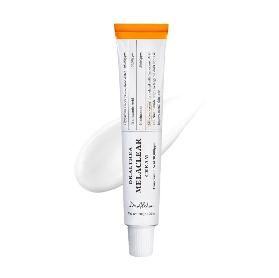 Dr. Alfredo Melaclear cream tube with a swatch of cream on a white background,Dr.Althea Melaclear Cream 20g