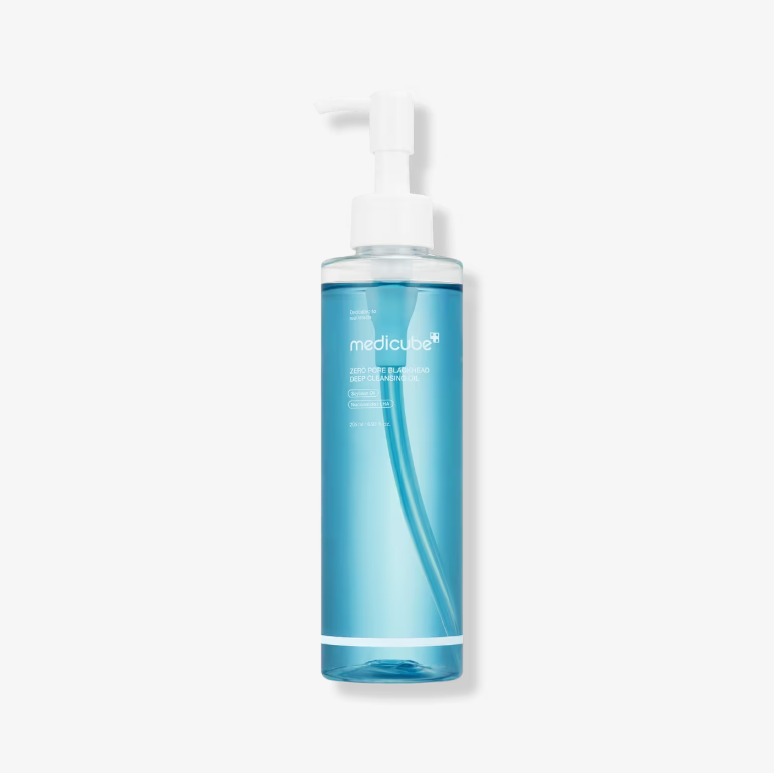 Blue bottle with pump on a white background, Medicube Zero Pore Blackhead Deep Cleansing Oil 205ml