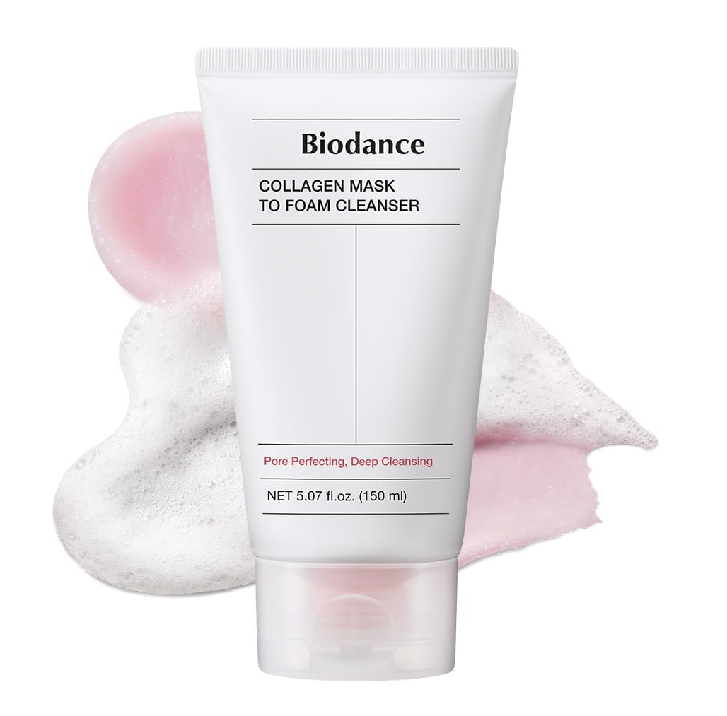 Biodance collagen mask to foam cleanser with pink cleansing pads on a white background, Biodance Collagen Mask To Foam Cleanser 150ml