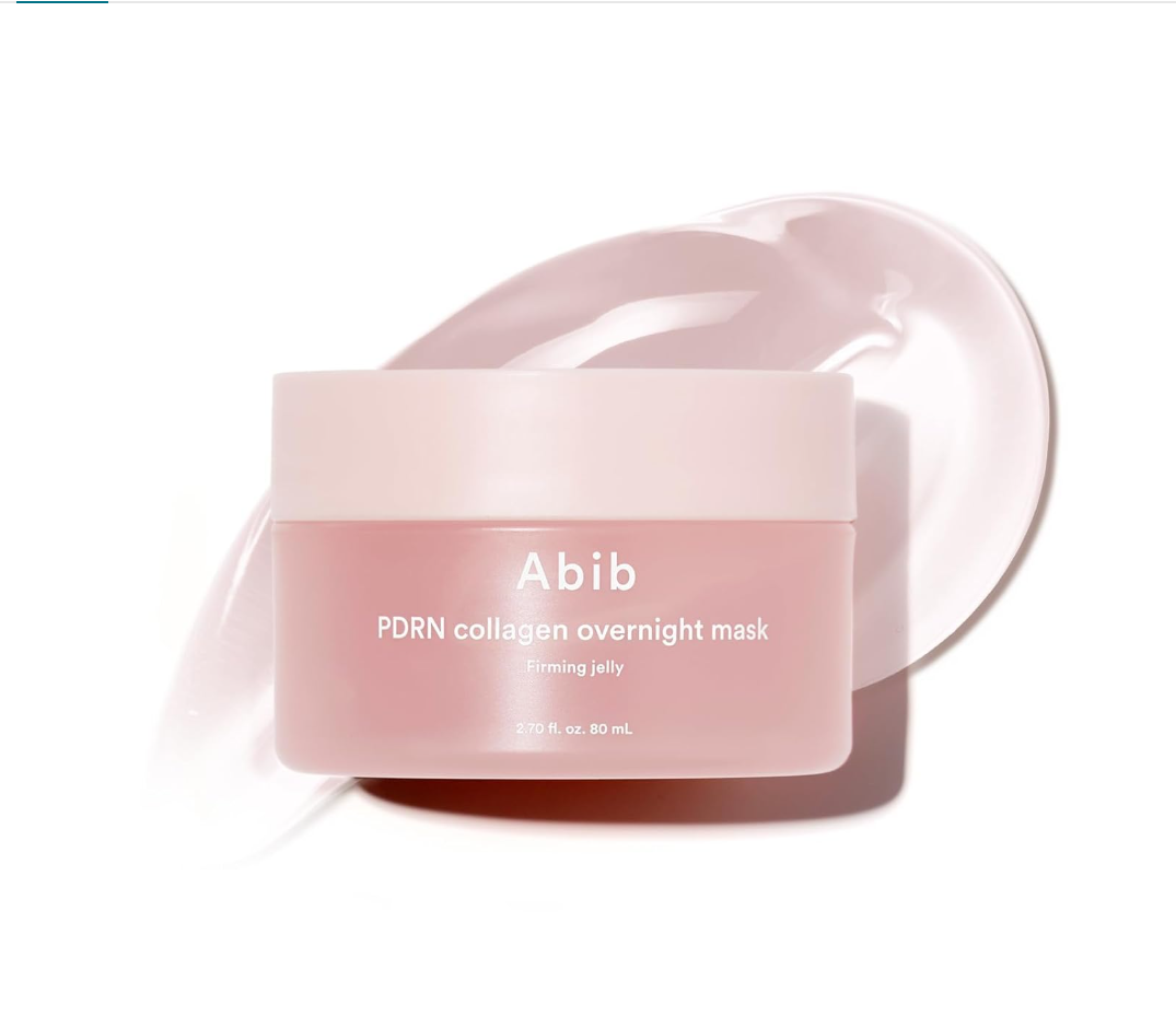 A jar of Abib PDRN collagen overnight mask in firming jelly, shown in a soft pink frosted container with a matching lid, set against a white background with a stylized smear of the pink mask behind it, Abib PDRN Collagen Overnight Mask Face Firming Jelly (2.7fl oz / 80ml)