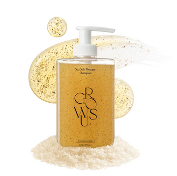Shampoo bottle with pump and sea salt therapy packaging on a white background, Growus Sea Salt Therapy Shampoo 500g