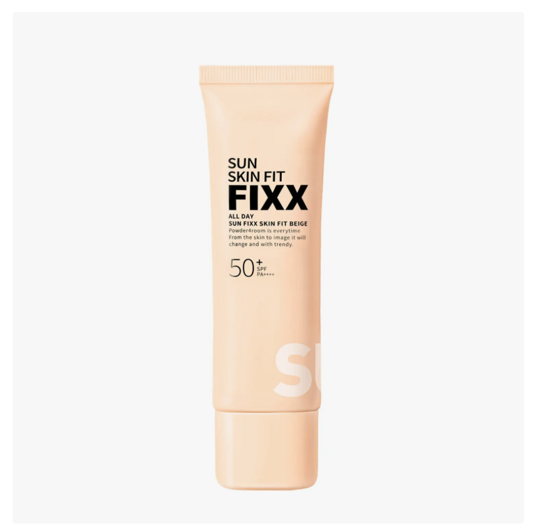 A squeeze tube of Sun Skin Fit Fixx All Day Sun Face Skin Fit Breeze SPF 50+ sunscreen, shown on a clean white background. So.Natural All Day Sun Fixx Skin Fit Beige SPF50+ PA++++ 50ml