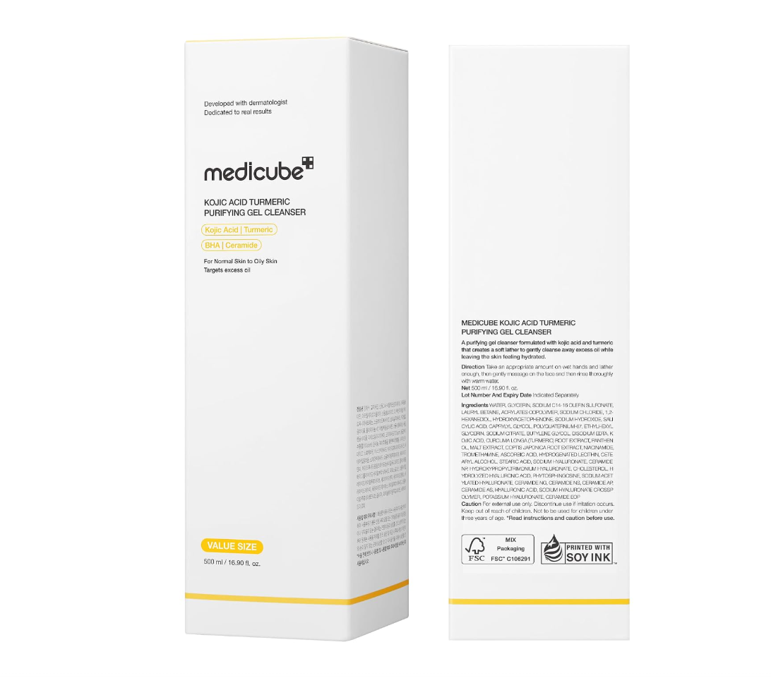 Two white rectangular product boxes for Medicube Kojic Acid Turmeric Purifying Gel Cleanser, shown front and back on a plain white background. Medicube Kojic Acid Turmeric Purifying Gel Cleanser 500ml