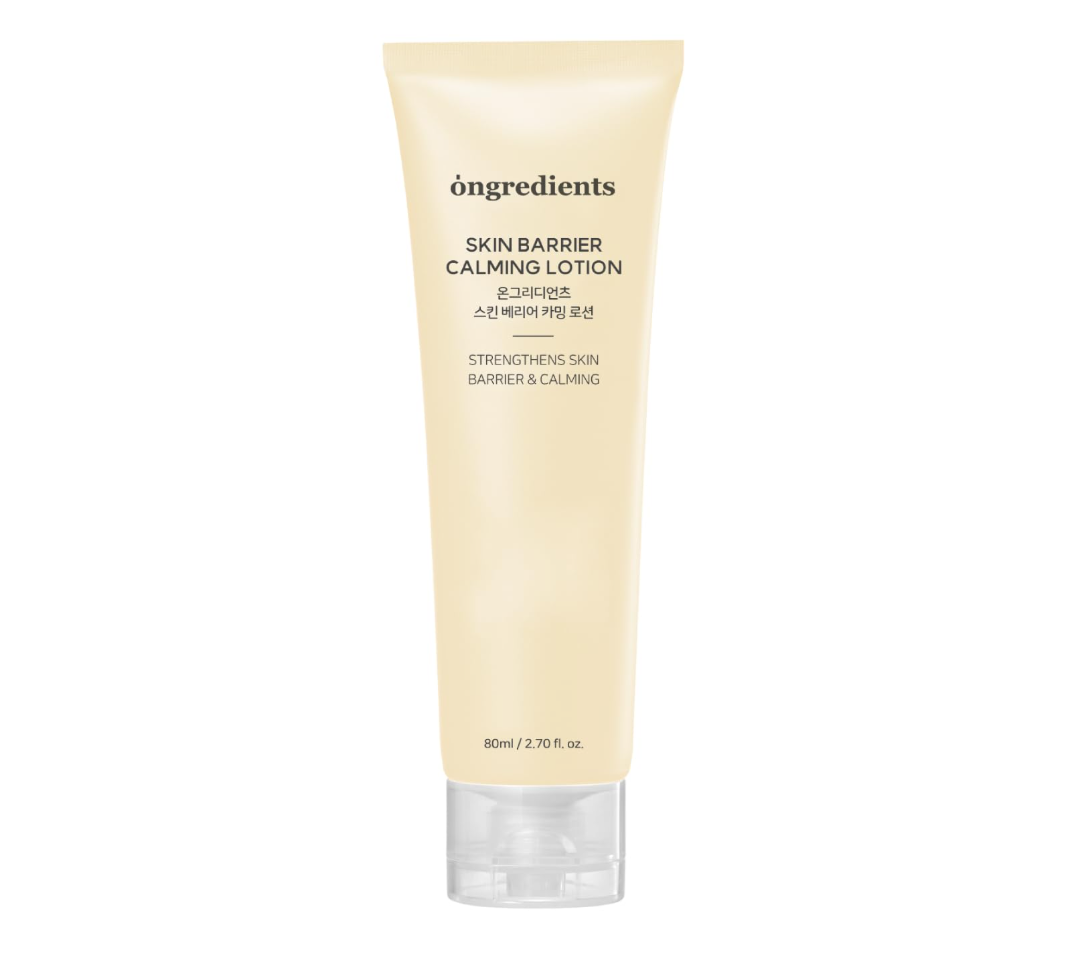 Skincare lotion tube labeled 'oingredients' on a white background, ONGREDIENTS Skin Barrier Calming Lotion 80ml