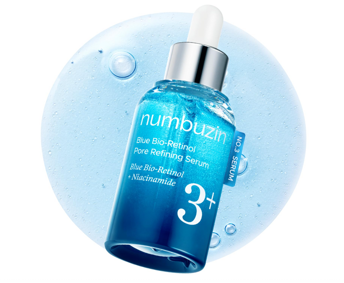 Numbuzin Blue Bio-Bi Retinol Pore Retining Serum in a blue glass dropper bottle, shown against a white background with a large light-blue water droplet graphic behind it. Numbuzin Blue Bio-Retinol Pore No.3 Refining Serum 30ml