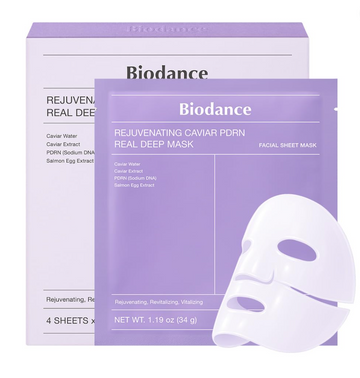 Biodance Rejuvenating Caviar PDRN Real Deep Mask packaging on a white background, Biodance Rejuvenating Caviar PDRN Real Deep Mask 4 sheets
