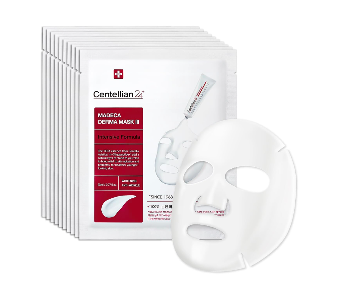 Centellian21 Madeca Derma Mask III packaging with a single mask displayed in front on a white background, Centellian24 Madeca Derma Mask lll Intensive Formula 10ea