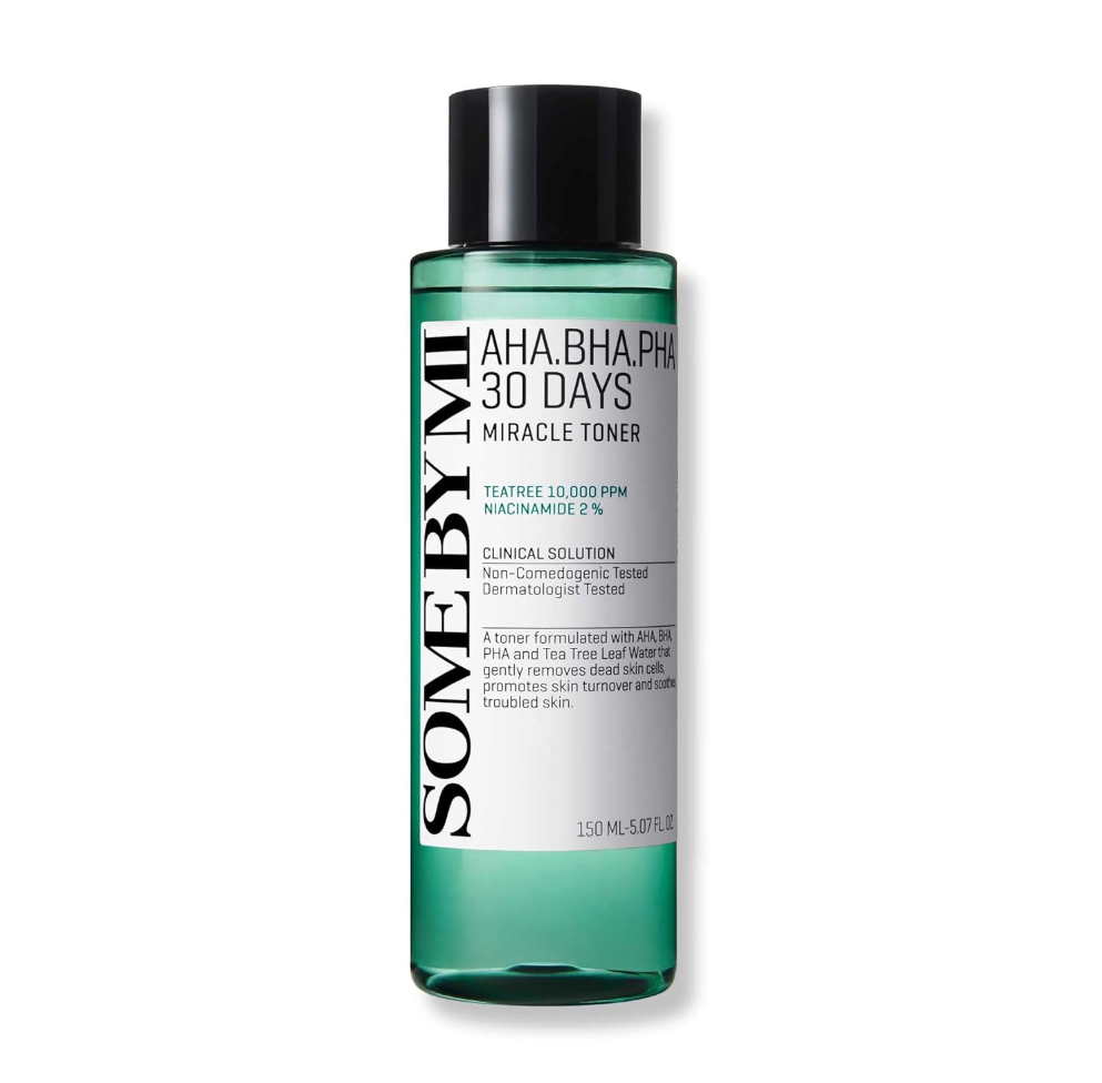Skincare bottle labeled 'SOME BY MI' with text on a white background, Somebymi AHA.BHA.PHA 30 Days Miracle Toner 150ml