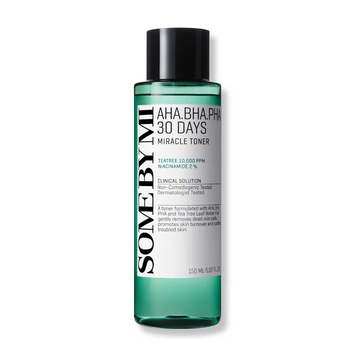 Skincare bottle labeled 'SOME BY MI' with text on a white background, Somebymi AHA.BHA.PHA 30 Days Miracle Toner 150ml