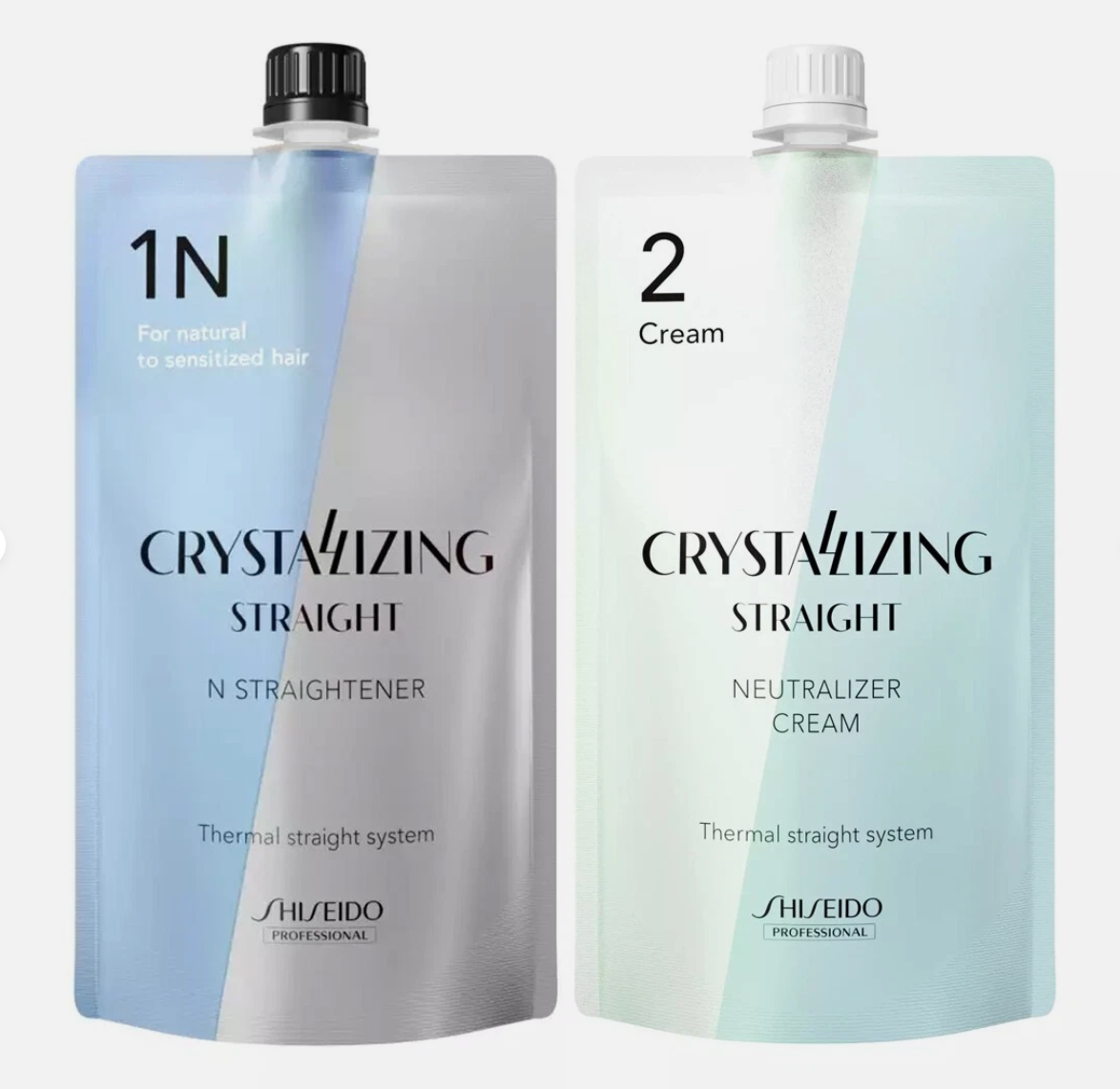Shiseido Crystallizing Straight hair treatment bottles on a white background, SHISEIDO Crystalizing Straight Straightener 400 g H1 + H2 SET