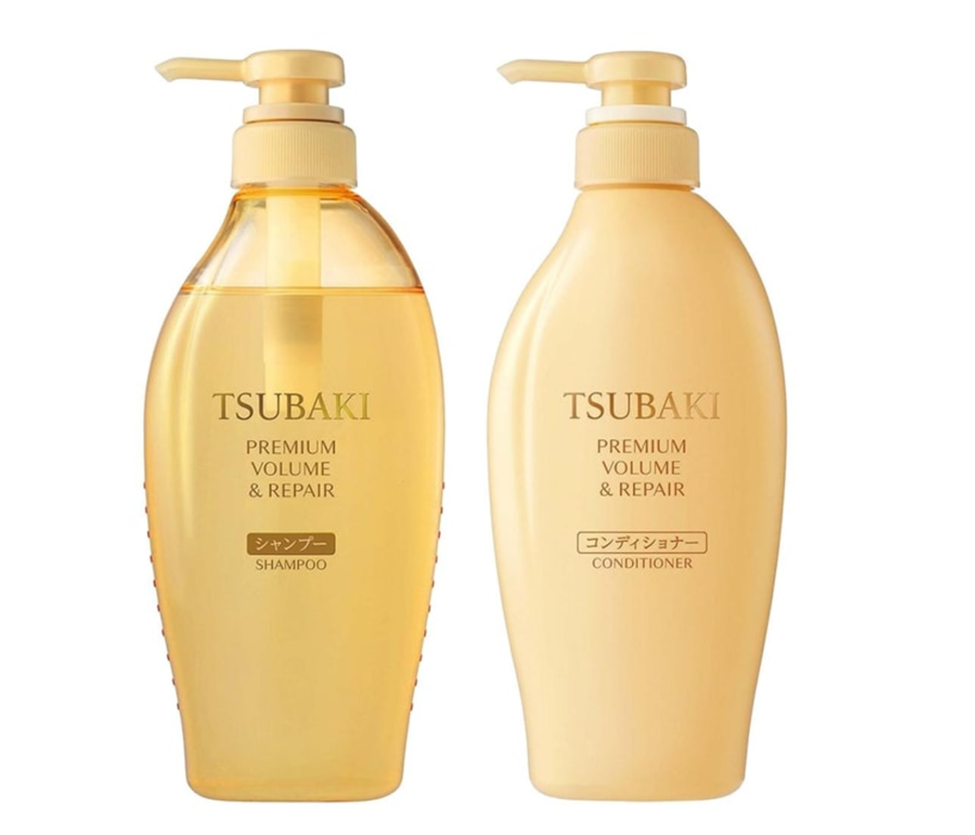 Tsubaki Premium Volume & Repair Shampoo & Conditioner Pump Pair Set 450ml+450ml, Two bottles of Tsubaki Premium Volume & Repair shampoo and conditioner on a white background