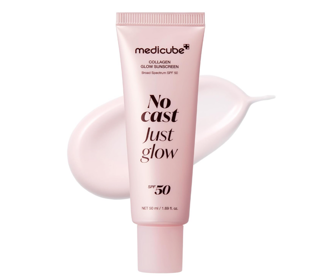 Medicube Collagen Glow Sunscreen packaging with front and back views on a white background, Medicube Collagen No Cast Just Glow Sunscreen spf50 50ml