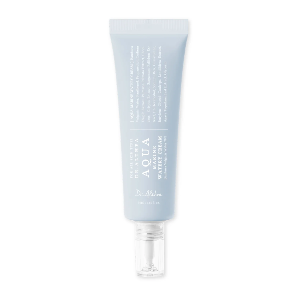 Blue skincare tube with text on a white background, Dr.althea Aqua Marine Watery Cream 50ml