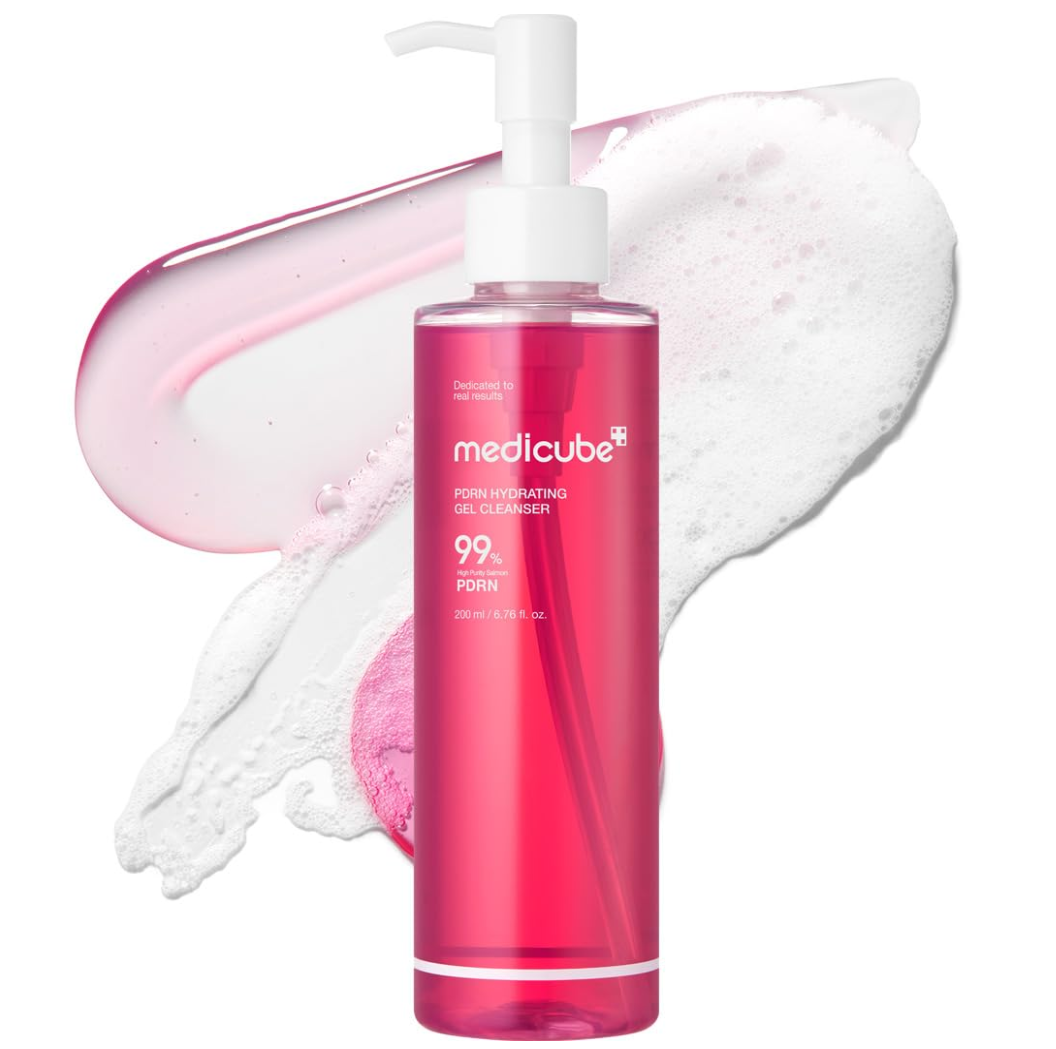 A bottle of medlcube Pore-Infusing Gel Cleanser with a white pump dispenser, set against a white background with pink gel and white foam graphics, Medicube PDRN Hydrating Gel Cleanser 200ml