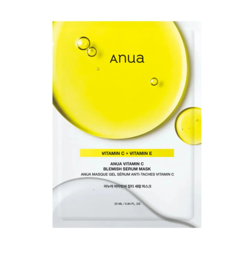 Anua Vitamin C + Vitamin E skincare mask packaging on a white background， Anua Vitamin C Blemish Serum Mask 5pcs