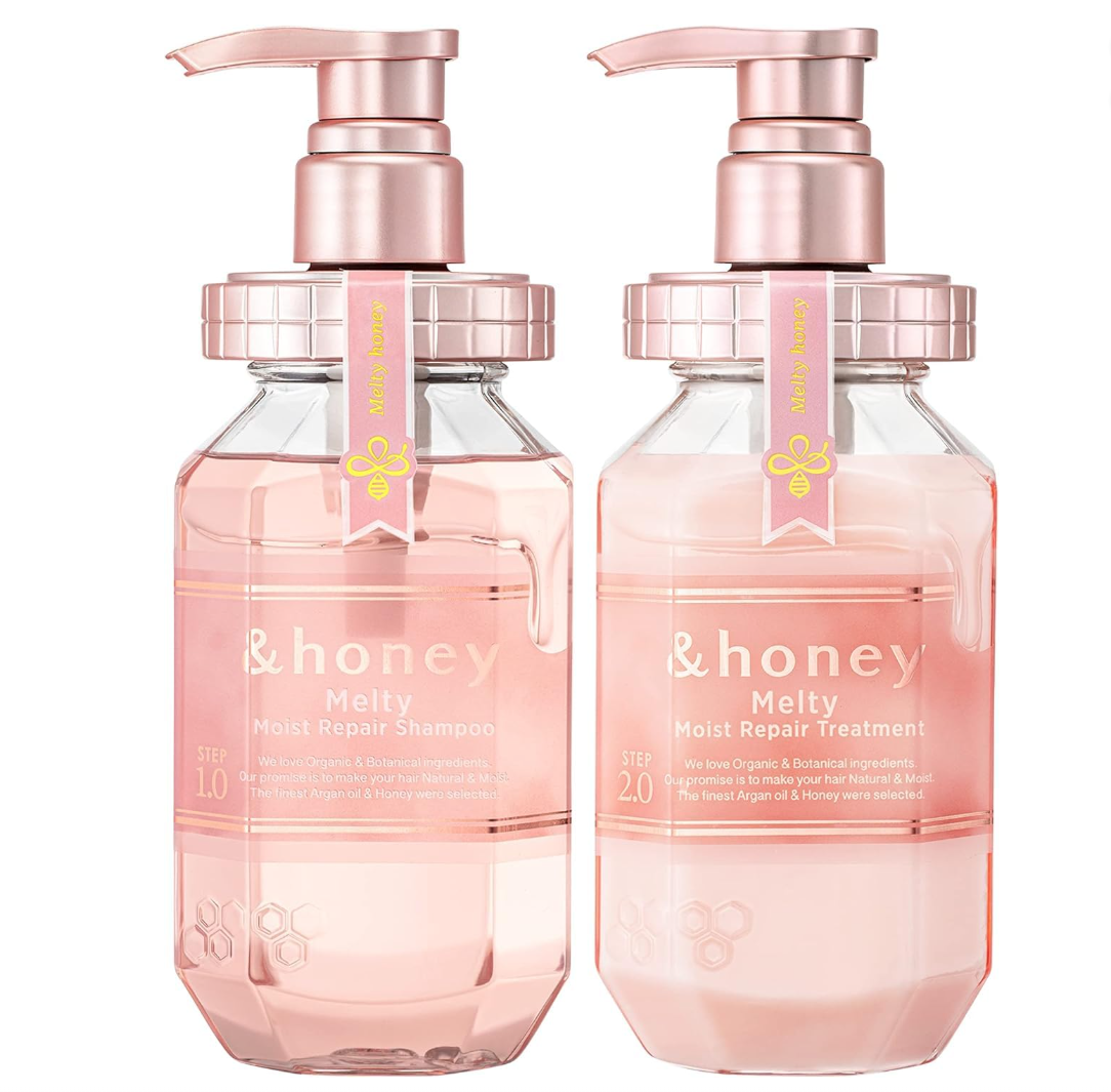 Two bottles of &honey shampoo and conditioner with pink pumps on a white background, &Honey Melty Moist Repair Japanese Shampoo & Conditioner Set 440ml x2