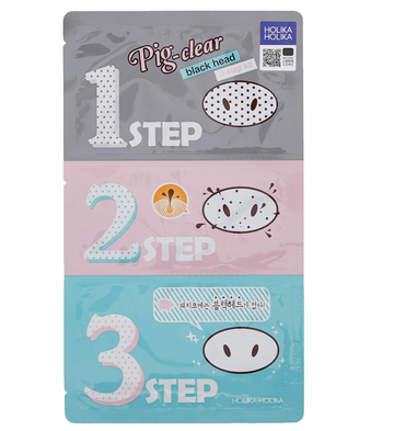Holika Holika Pig-Clear black head removal product packaging with step indicators, Holika Holika Pig Nose Clear Black Head 3 Step Kit