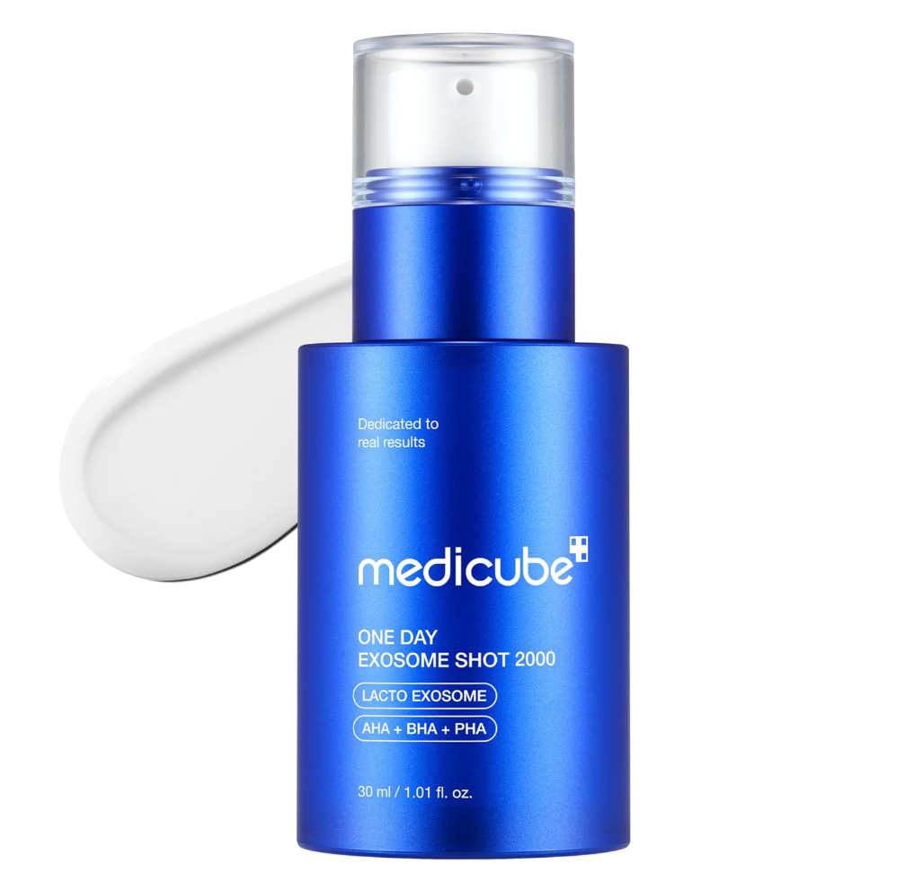 Blue skincare bottle with 'medicube' branding on a white background, Medicube One Day Exosome Shot Pore Ampoule 2000 30ml