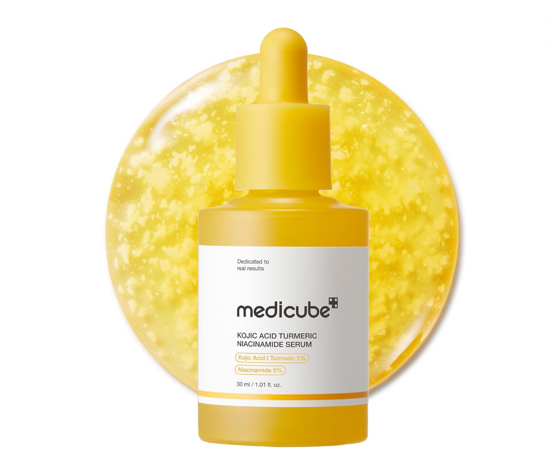 Yellow serum bottle with Medicube label on a white background, Medicube Kojic Acid Turmeric Niacinamide Serum 30ml