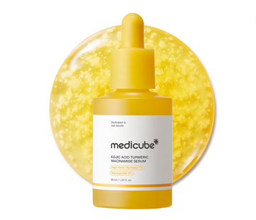 Yellow serum bottle with Medicube label on a white background, Medicube Kojic Acid Turmeric Niacinamide Serum 30ml