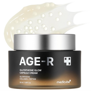 Jar of AGE-R Glutathione Glow Capsule Cream with a silver lid on a white background, Medicube Age-R Glutathione Glow Capsule Cream 50ml