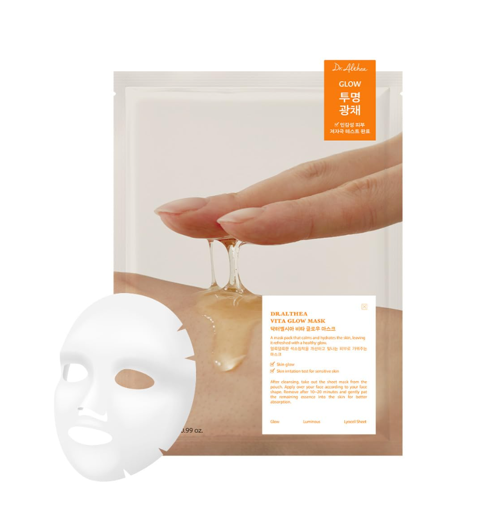 Sheet mask packaging with a white mask on a white background, Dr.Althea Vita Glow Mask 4pcs