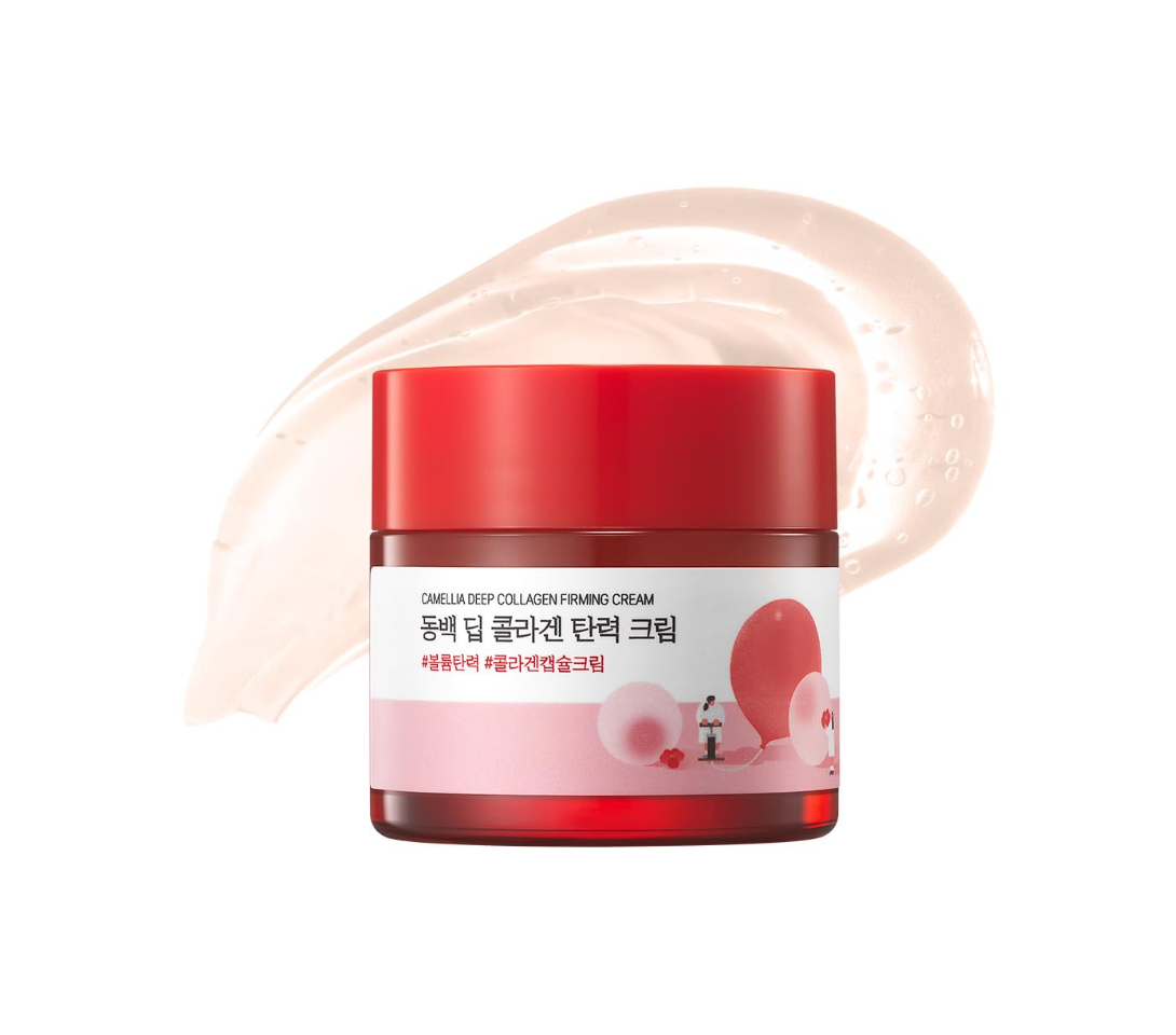 Red cream jar with white label on a white background, Round Lab Camellia Deep Collagen Firming Cream 50ml