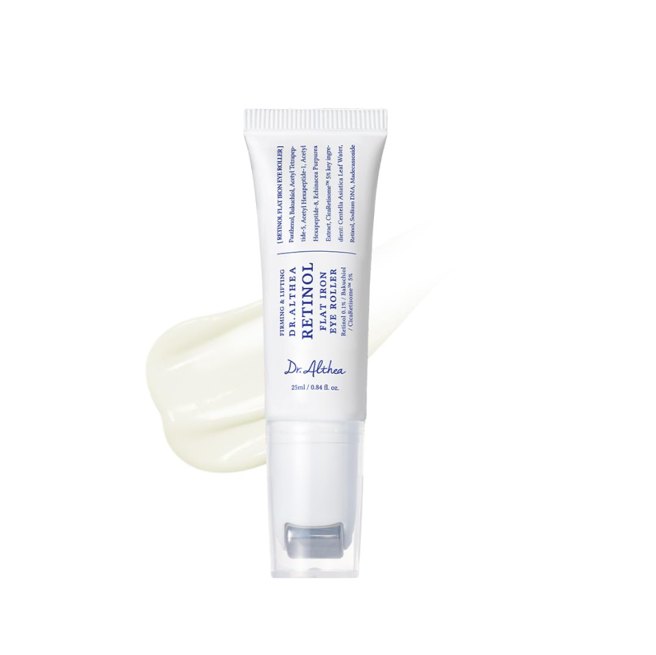 Dr. Aethes Retinol Eye Lotion tube on a white background, Dr.althea Retinol Flat Iron Eye Roller 25ml