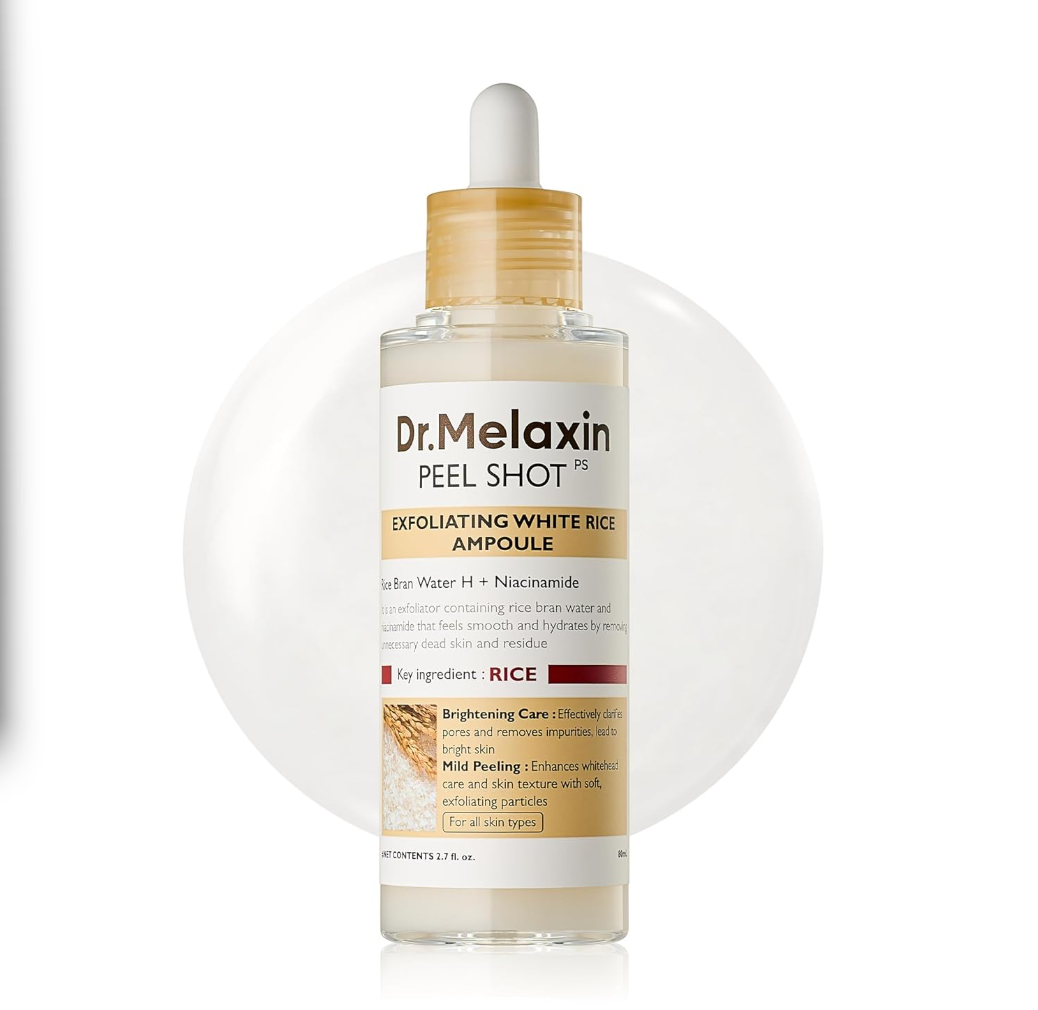 Dr. Melaxin peel shot ampoule bottle on a white background, Dr.Melaxin PEEL SHOT EXFOLIATING WHITE RICE AMPOULE 80ml