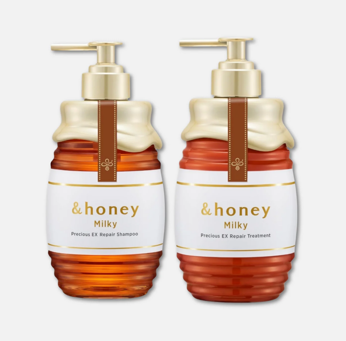 Two bottles of &honey Milky Precious EX Repair Shampoo and Treatment on a white background, &honey milky precious ex repair set 500ml+500ml