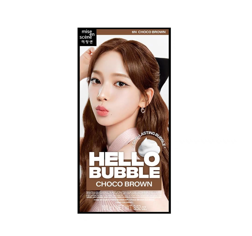 Hello Bubble Choco Brown hair dye packaging with a model's face on a white background, Hello bubble choco brown 6N