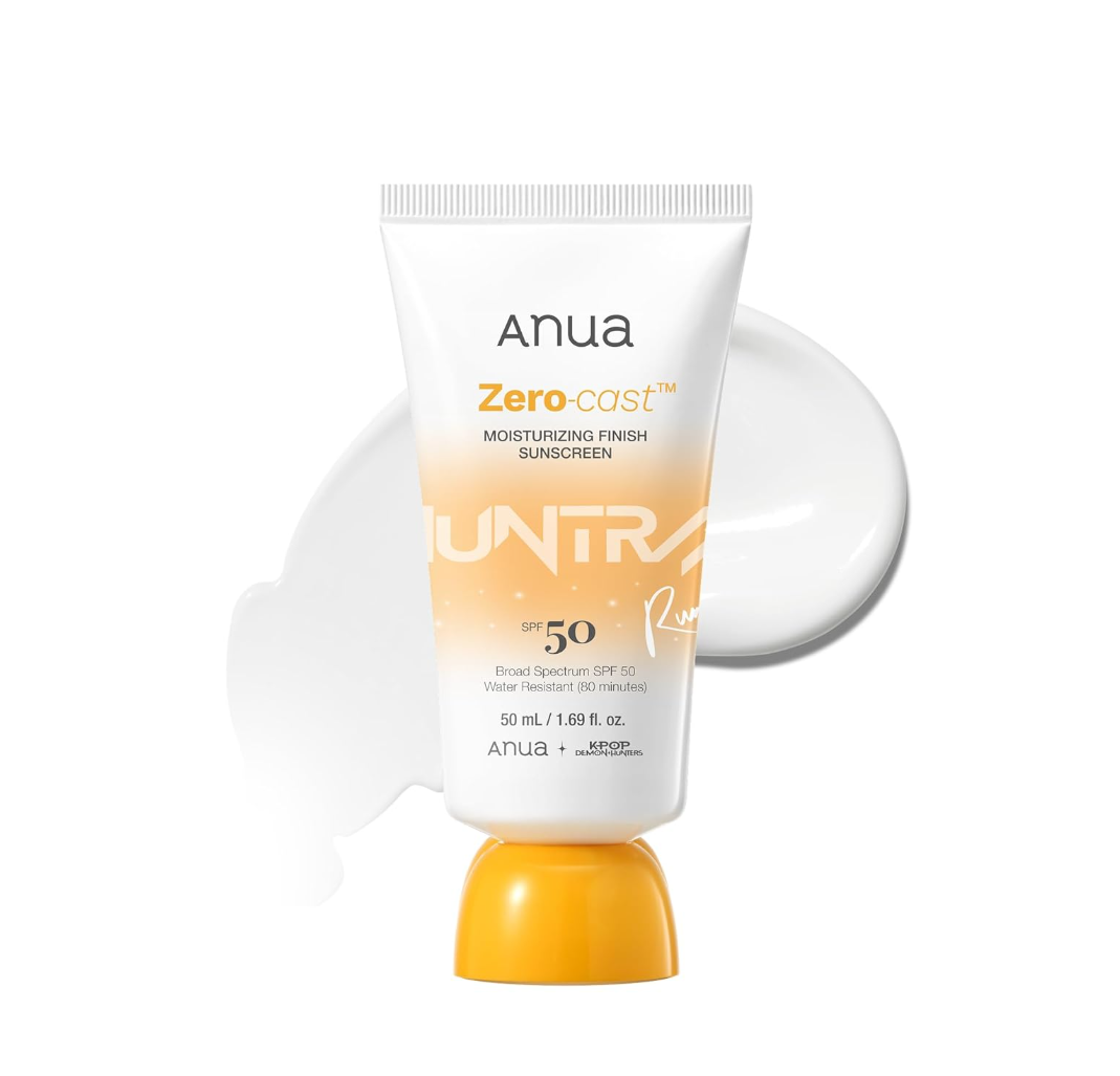 Anua Zero Cast sunscreen tube and packaging on a white background， KPop Demon Hunters Zero-Cast Moisturizing Finish Sunscreen 50ml