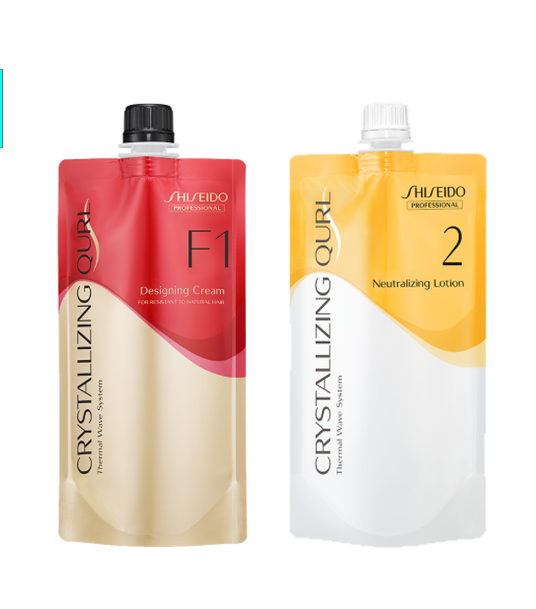 Two Shiseido Crystallizing Ourl fluid care pouches side by side on a white background. The left pouch is red and beige with a black cap, labeled F1 Designing Cream. Shiseido Crystallizing Qurl Hair Wave Perm Set F1 + Neutralizing Lotion 2 400*2