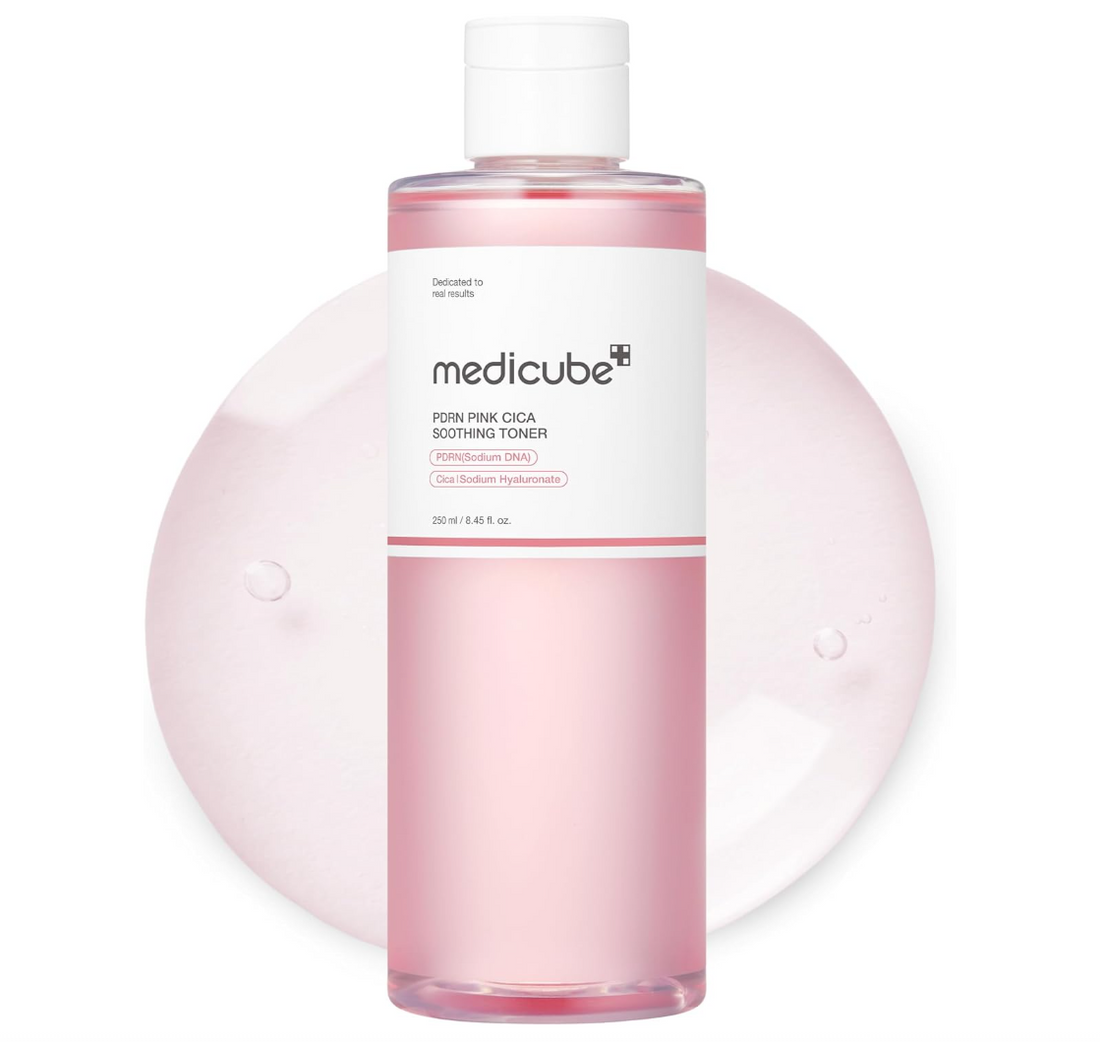 Medicube pink toner bottle on a white background, Medicube PDRN Pink Cica Soothing Toner 250ml