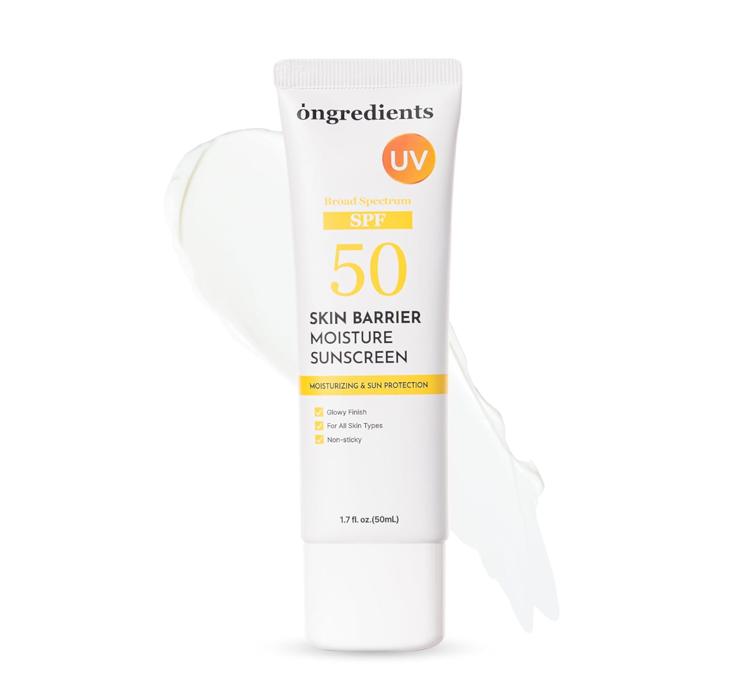 Sunscreen tube with SPF 50 on a white background, ONGREDIENTS Skin Barrier Moisture Sunscreen Broad Spectrum SPF 50 50ml