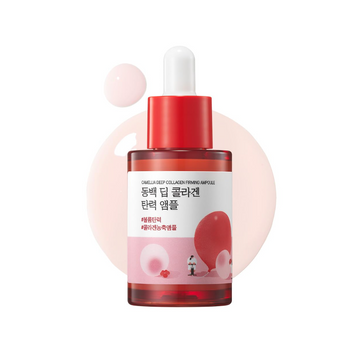 Skincare serum bottle with red cap and label on a white background, Round Lab Camellia Deep Collagen Firming Ampoule 30ml