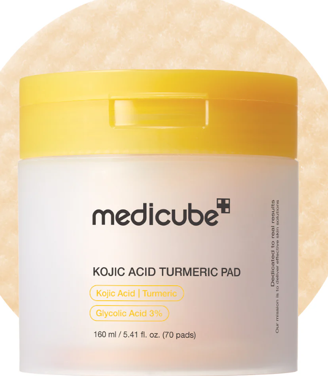 Medicube jar with a yellow lid on a beige background, Medicube Kojic Acid Turmeric Pad 160ml 70pads