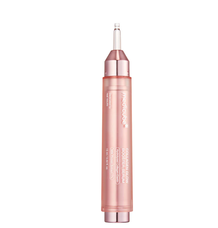 Rose gold skincare serum bottle on a white background, Medicube Collagen Glow Booster Serum 15ml