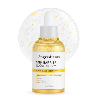 Skin barrier glow serum bottle with dropper on a white background, ONGREDIENTS Skin Barrier Glow Serum 50ml