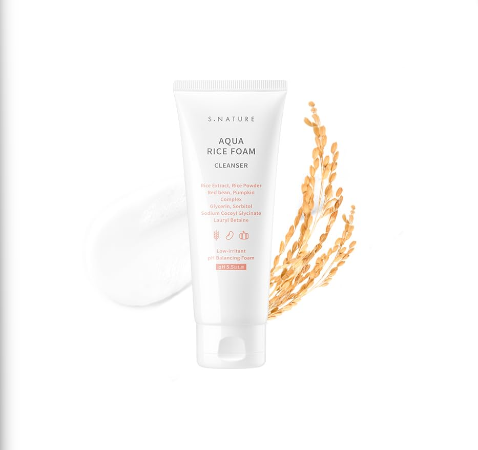 Aqua Rice Foam Cleanser with rice plant illustration on a white background, S.nature Aqua Rice Foam Cleanser 80ml