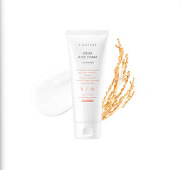 Aqua Rice Foam Cleanser with rice plant illustration on a white background, S.nature Aqua Rice Foam Cleanser 80ml