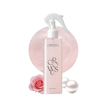 Pink skincare bottle with 'Glow' branding, surrounded by a pink rose and bubbles on a white background, Growus Damage Therapy No-Wash Treatment EX 250ml