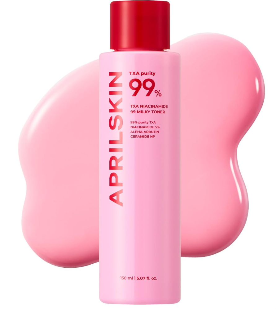 Pink skincare bottle with red cap and 'April Skin' branding on a white background, April Skin TXA Niacinamide 99 Milky Toner 150ml