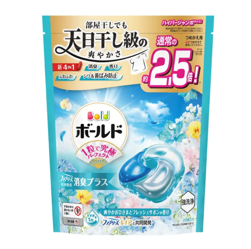 Packaging of a detergent pod with Japanese text and branding on a blue background, P&G Bold Laundry Detergent Gel Ball 28pcs