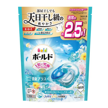 Packaging of a detergent pod with Japanese text and branding on a blue background, P&G Bold Laundry Detergent Gel Ball 28pcs