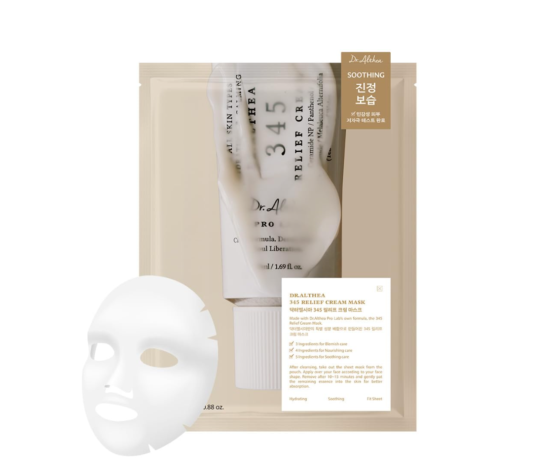 Sheet mask with packaging and application sheet on a white background, Dr. Althea 345 Relief Cream Mask 4pcs