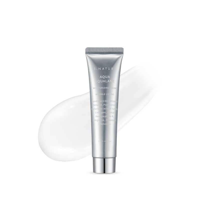 Silver skincare tube on a white background, S.nature Aqua Squalane Moisturizing Cream 60ml