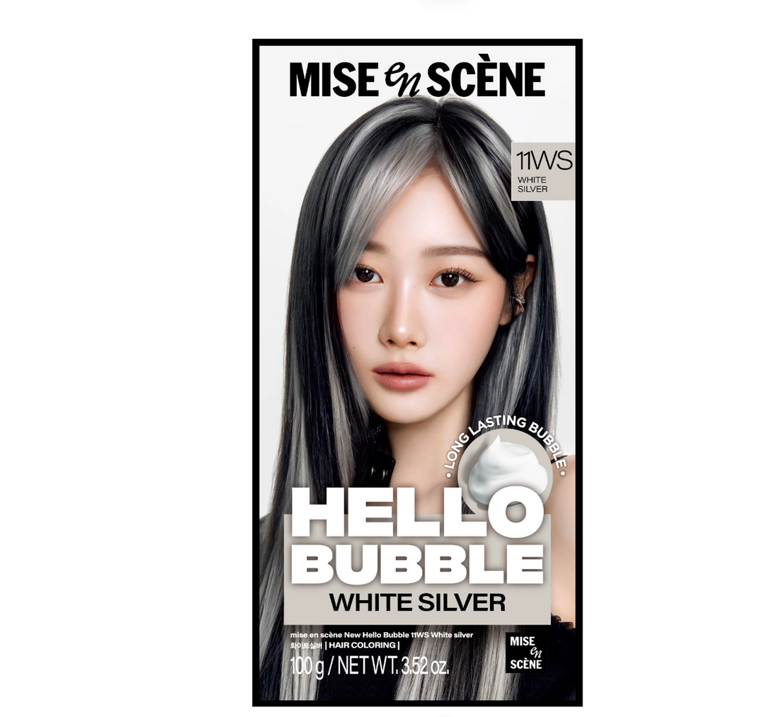 Mise en Scène Hello Bubble White Silver hair dye packaging, featuring a model with highlighted white and silver hair on the front. Hello Bubble White Silver 11WS