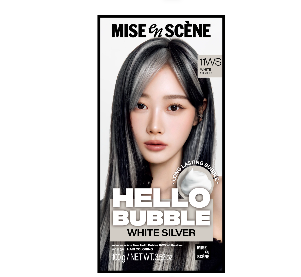 Mise en Scène Hello Bubble White Silver hair dye packaging, featuring a model with highlighted white and silver hair on the front. Hello Bubble White Silver 11WS