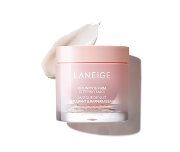 LANEIGE Bouncy & Firm Sleeping Mask in a light pink jar with a matching lid, shown on a white background with a dollop of white cream above it. LANEIGE Bouncy & Firm Sleeping Mask 60ml